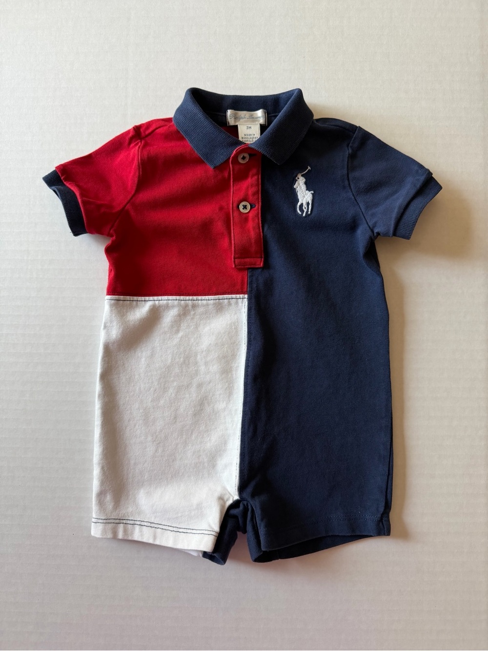 Ralph Lauren Baby Colorblock Polo Romper Red White Navy 3M